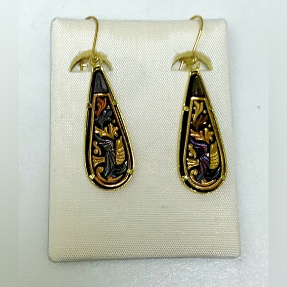 Brand New Vintage Toledo Spanish 24K Gold Damascene Teardrop Earrings - Picture 1 of 9